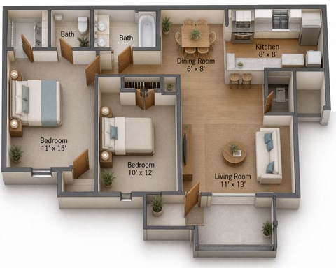 Floor plan for 2 beds, 1.5 baths, 894 sqft